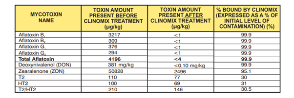In a sample in which the initial aflatoxin count was 4196 µg/kg, following treatment with Clinomix®, the total aflatoxin levels dropped to below 4 µg/kg. The table summarises the mycotoxin binding effect of Clinomix®